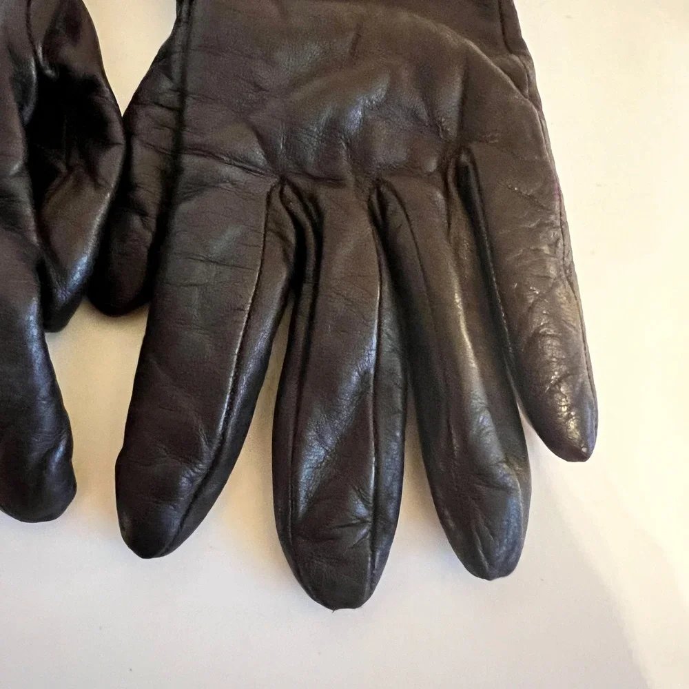 Portolano Brown Italian Leather Gloves Fur Cuff Cashmere Lined Women's Size 6.5
